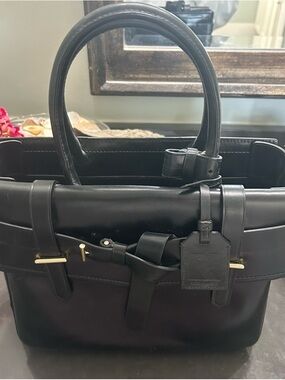 Black Leather Structured Tote with Gold Hardware